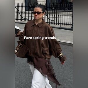 Zara Brown Oversized Suede Jacket with Sheer Lace Layering
